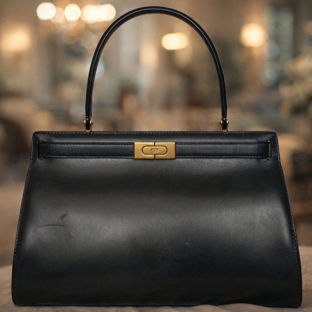 Authentic Tory Burch Lee Radziwill Black Leather Satchel Bag with Dust Bag